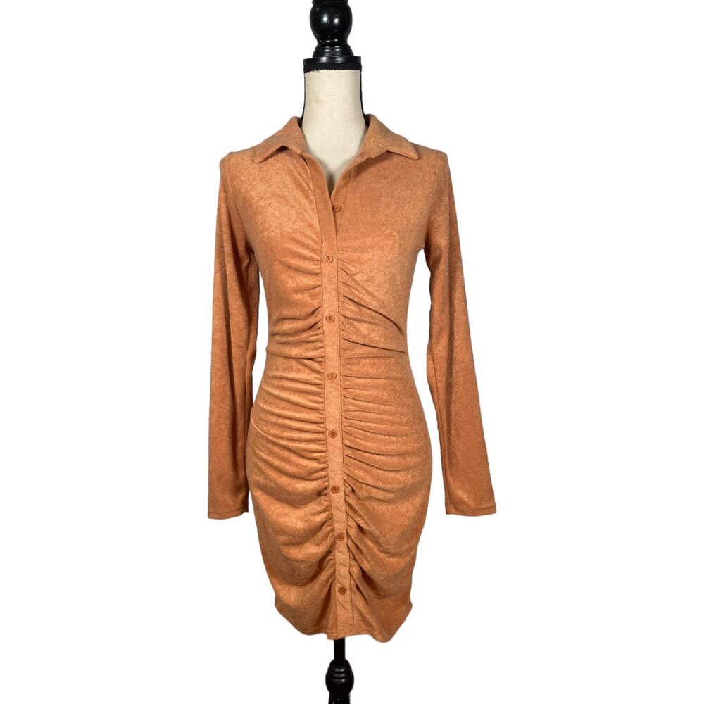 AMABLE Brown Terry Cloth Ruched Bodycon Shirt Dress        Size: S